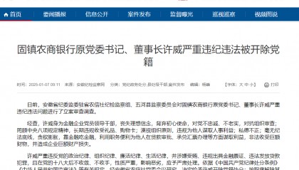 安徽固镇农商银行原党委书记、董事长许威严重违纪违法被开除党籍