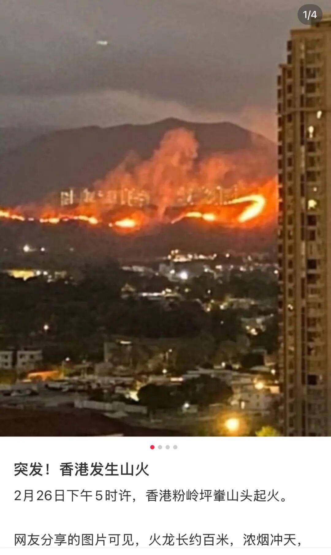 香港粉岭坪峰附近山火已经扑灭,此前火势连绵上百米,深圳多处可见